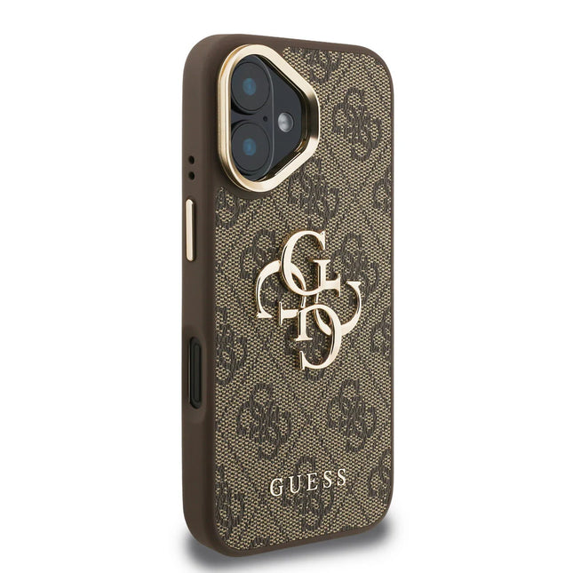 iPhone 16 Backcase hoesje - Guess - Effen Bruin - Kunstleer Camera Stand