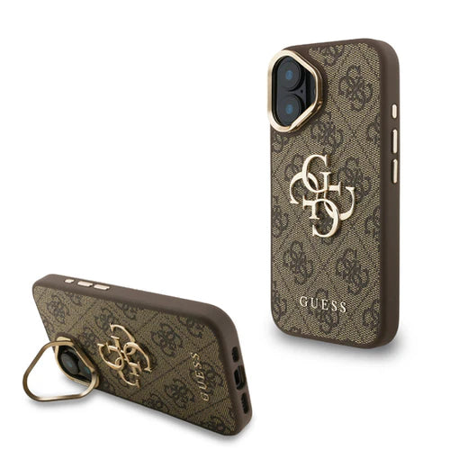 iPhone 16 Backcase hoesje - Guess - Effen Bruin - Kunstleer Camera Stand