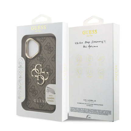 iPhone 16 Backcase hoesje - Guess - Effen Bruin - Kunstleer Camera Stand