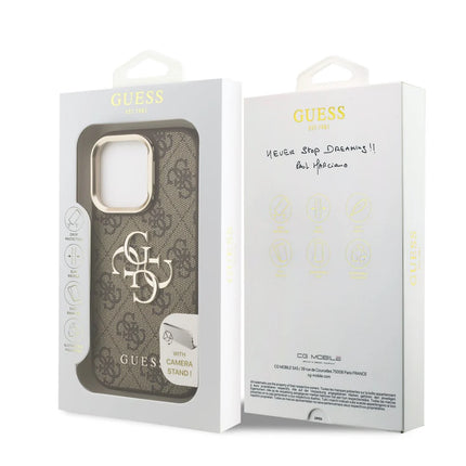 iPhone 16 Pro Max Backcase hoesje - Guess - Effen Bruin - Kunstleer Camera Stand