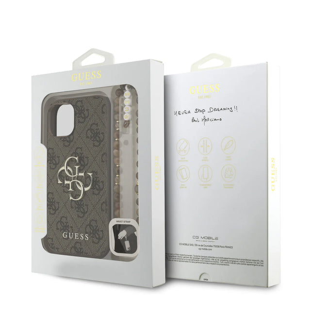 iPhone 16e Backcase hoesje - Guess - Effen Bruin - Kunstleer met touw