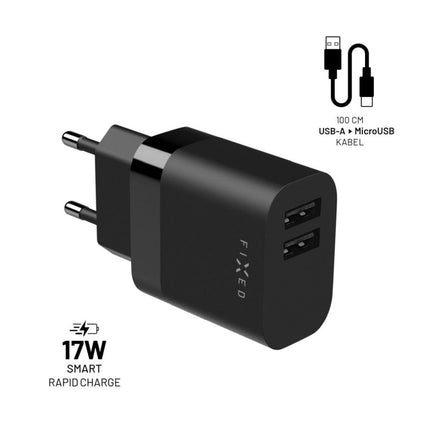 Vaste 2x USB-reislader 17W + USB/micro-USB-kabel, zwart