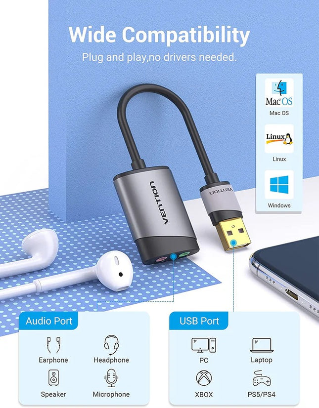 Vention USB External Sound Card 0.15M Gray Metal Type