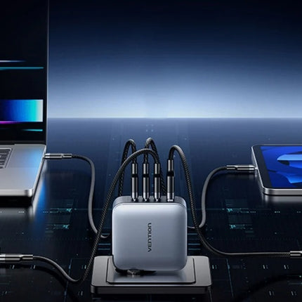 Vention powerlader 3x USB-C, 1x USB-A, (100W/100W/30W/30W) (grijs) met USB-C naar USB-C kabel (1m) (zwart)