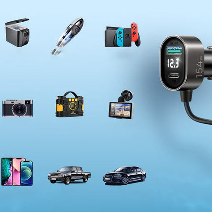 Joyrom Autolader met twee sigarettenaanstekeraansluitingen, USB + USB-C, 154W Multi-Port