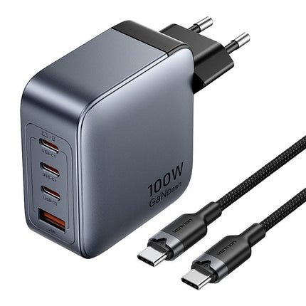 Vention powerlader 3x USB-C, 1x USB-A, (100W/100W/30W/30W) (grijs) met USB-C naar USB-C kabel (1m) (zwart)
