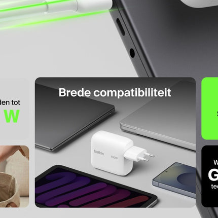 BoostCharge USB-C GaN Oplader (100 Watt ) + USB-C-kabel Wit