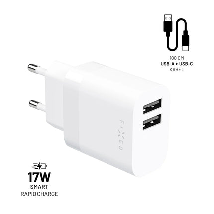 FIXED Dual USB Charger 17W + USB/USB-C Cable, white (EOL)