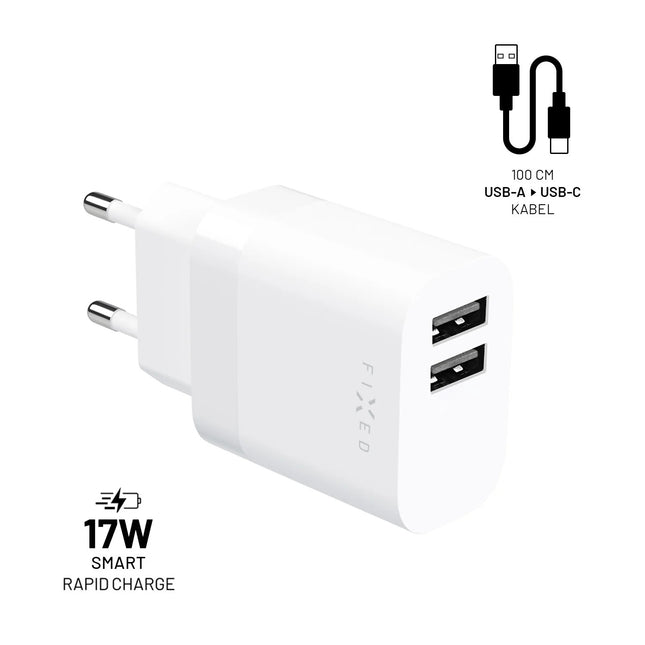 FIXED Dual USB Charger 17W + USB/USB-C Cable, white (EOL)