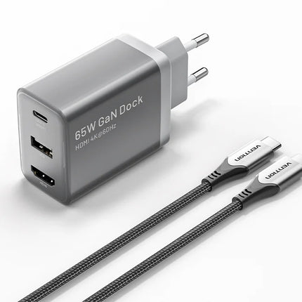 Vention FJAH0-EU USB(C+A)+HDMI GaN netstroomlader (60W/5W/4K@60Hz) (grijs)