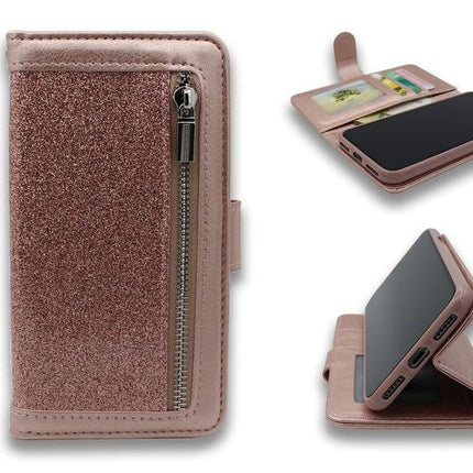 iPhone 11 - HQ Glitter Bookcase met Rits Rosegold