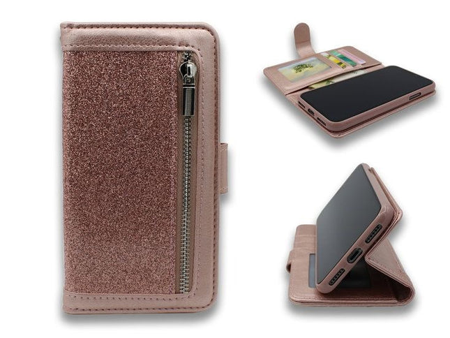 iPhone 11 - HQ Glitter Bookcase met Rits Rosegold
