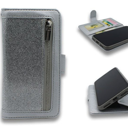 iPhone 11 - HQ Glitter Bookcase met Rits Zilver