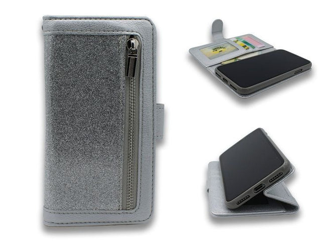 iPhone 11 - HQ Glitter Bookcase met Rits Zilver