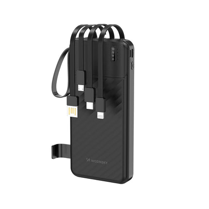 Wozinsky W11-B 10000mAh 10W Powerbank met ingebouwde kabels en zaklamp - Zwart