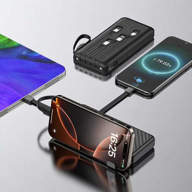 Wozinsky W11-B 10000mAh 10W Powerbank met ingebouwde kabels en zaklamp - Zwart