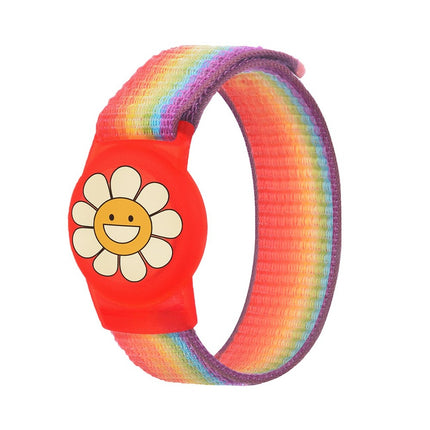 Apple AirTag Kids Nylon Polsband Case - met Bloemen- en Regenboogstreep