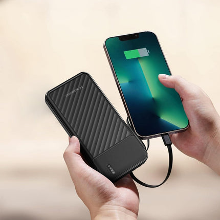 Wozinsky W11-B 10000mAh 10W Powerbank met ingebouwde kabels en zaklamp - Zwart