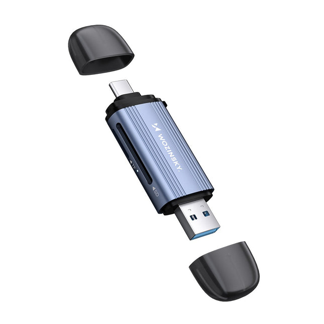 Wozinsky WCR-5G geheugenkaartlezer voor SD- en microSD-kaarten, USB-A 3.0 / USB-C 3.0, aluminium - grijs.