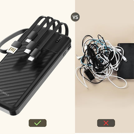 Wozinsky W11-B 10000mAh 10W Powerbank met ingebouwde kabels en zaklamp - Zwart