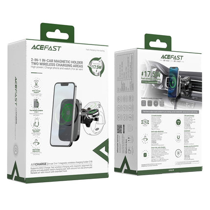 Acefast D18 autohouder met MagSafe/Qi inductieve oplader + USB-A USB-C kabel - zwart