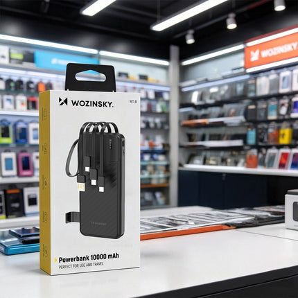 Wozinsky W11-B 10000mAh 10W Powerbank met ingebouwde kabels en zaklamp - Zwart