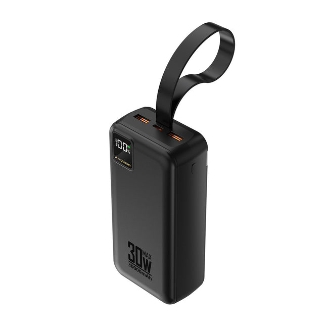 Powerbank 30000 mAh 30W 2x USB-A, USB-C en USB micro met zaklamp - zwart