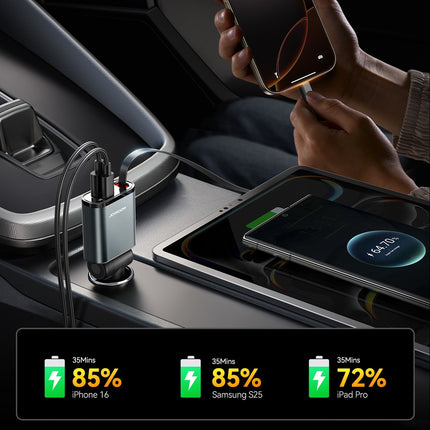 Joyroom JR-CCL07 3-in-1 autolader met ingebouwde intrekbare kabel - donkergrijs