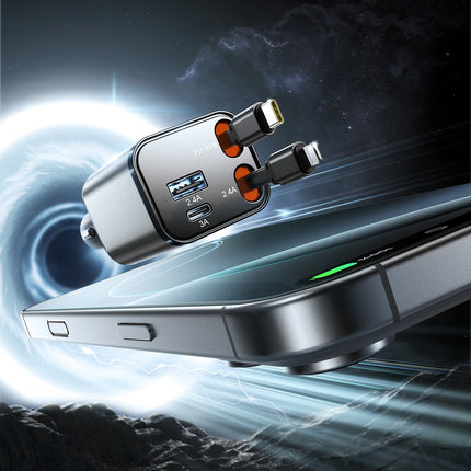Joyroom JR-CCL05 30W 4-in-1 autolader met 2 ingebouwde intrekbare kabels - donkergrijs