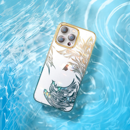 Luxe iPhone 14 Plus hoesje met Kingxbar Phoenix kristallen - Goud en blauw