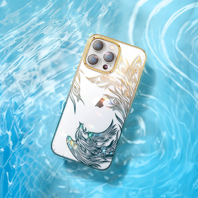 Luxe iPhone 14 Plus hoesje met Kingxbar Phoenix kristallen - Goud en blauw