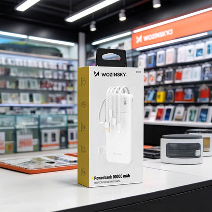 Wozinsky W11-W 10000mAh 10W Powerbank met ingebouwde kabels en zaklamp - Wit