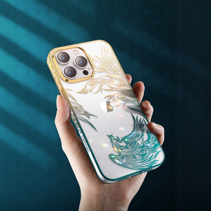 Luxe iPhone 14 Plus hoesje met Kingxbar Phoenix kristallen - Goud en blauw