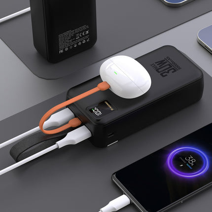 Powerbank 30000 mAh 30W 2x USB-A, USB-C en USB micro met zaklamp - zwart