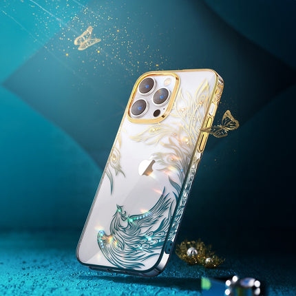 Luxe iPhone 14 Plus hoesje met Kingxbar Phoenix kristallen - Goud en blauw