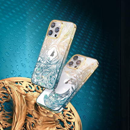 Luxe iPhone 14 Plus hoesje met Kingxbar Phoenix kristallen - Goud en blauw