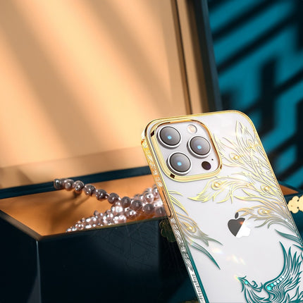 Luxe iPhone 14 Plus hoesje met Kingxbar Phoenix kristallen - Goud en blauw