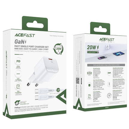 Acefast A73 Mini PD 20W GaN-wandlader Oplader + USB-C-kabel - wit