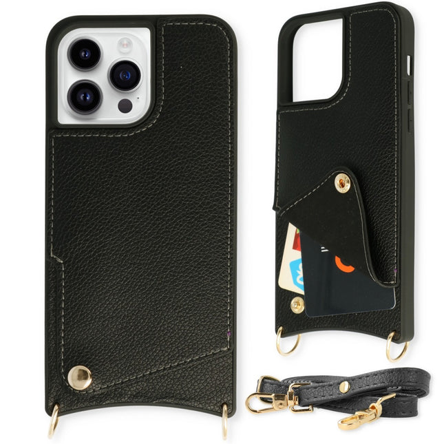 iPhone 12/12 Pro hoesje zwart met achter ruimte voor pasjes en koor touw telefoonketting