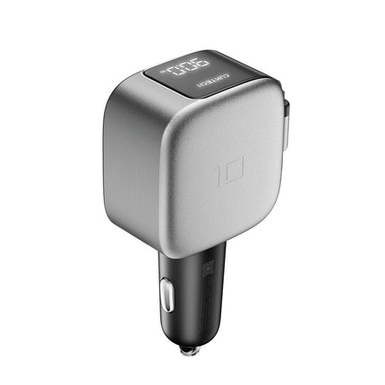 100W autolader met display en 70 cm uitschuifbare USB-C-kabel - Grijs voor laptop en telefoon