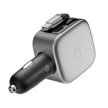 100W autolader met display en 70 cm uitschuifbare USB-C-kabel - Grijs voor laptop en telefoon