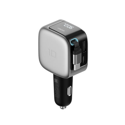 100W autolader met display en 70 cm uitschuifbare USB-C-kabel - Grijs voor laptop en telefoon