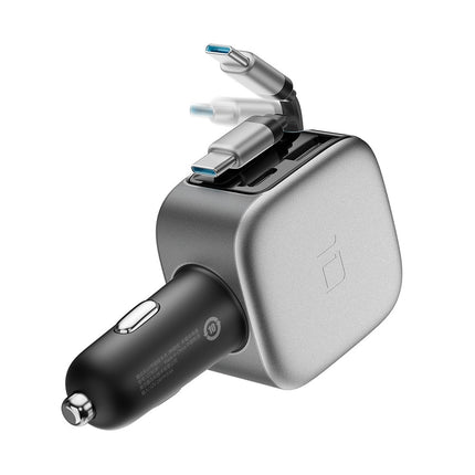 100W autolader met display en 70 cm uitschuifbare USB-C-kabel - Grijs voor laptop en telefoon