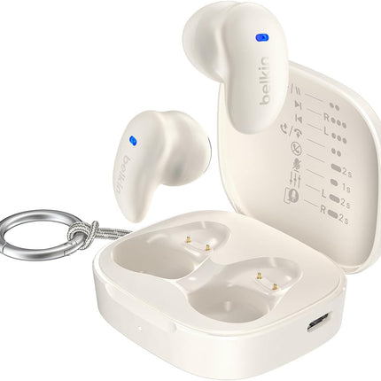 Belkin SoundForm Anywhere draadloze oordopjes, lichtgewicht oordopjes voor zijslapers, comfortabel en met lange gebruiksduur, Bluetooth 6.0, 26 uur batterijduur, IPX4, draadloze oordopjes voor slapen, sporten en meer - Beige
