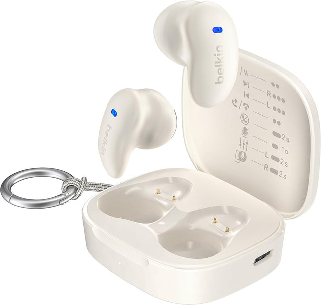 Belkin SoundForm Anywhere draadloze oordopjes, lichtgewicht oordopjes voor zijslapers, comfortabel en met lange gebruiksduur, Bluetooth 6.0, 26 uur batterijduur, IPX4, draadloze oordopjes voor slapen, sporten en meer - Beige