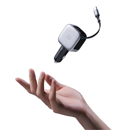 100W autolader met display en 70 cm uitschuifbare USB-C-kabel - Grijs voor laptop en telefoon