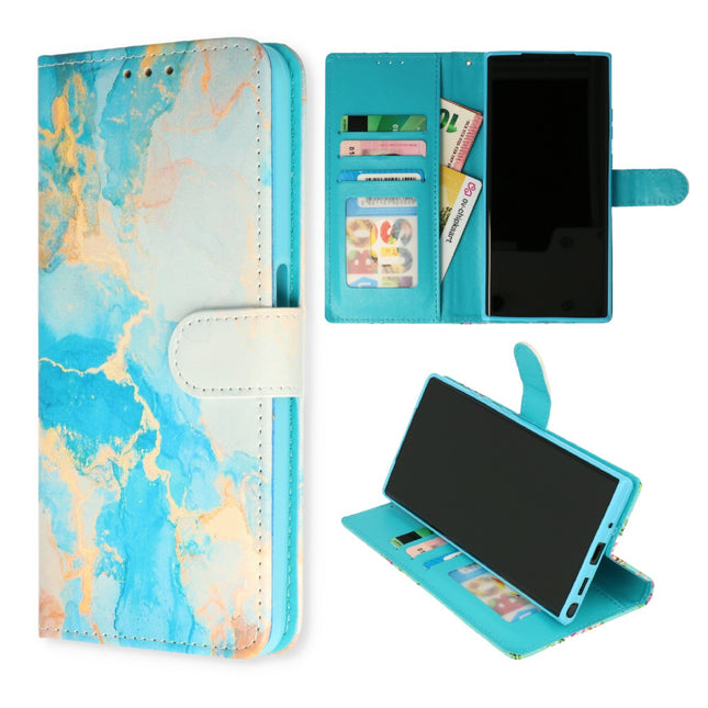 iPhone 15 Plus Hoesje Bookcase Print Marmer Blauw-Goud