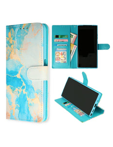 iPhone 15 Pro Hoesje Bookcase Print Marmer Blauw-Goud