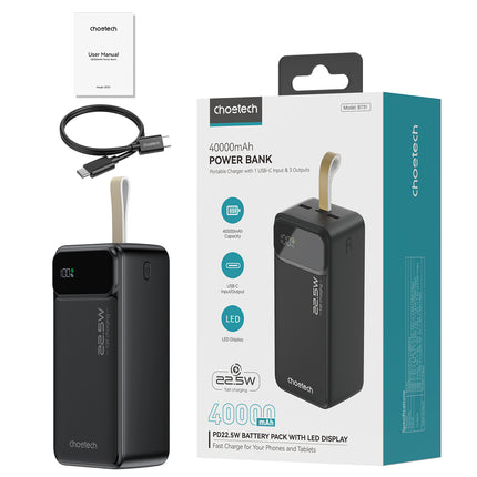 Choetech PD22.5W Dual USB-A+Type-C Powerbank 40000mAh Zwart