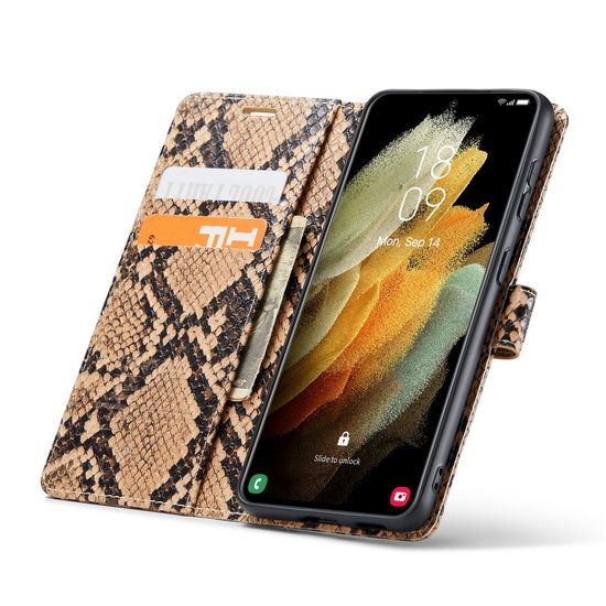 Luxus-Brieftaschenhülle im Schlangen-Design – Samsung S21 FE – Beige